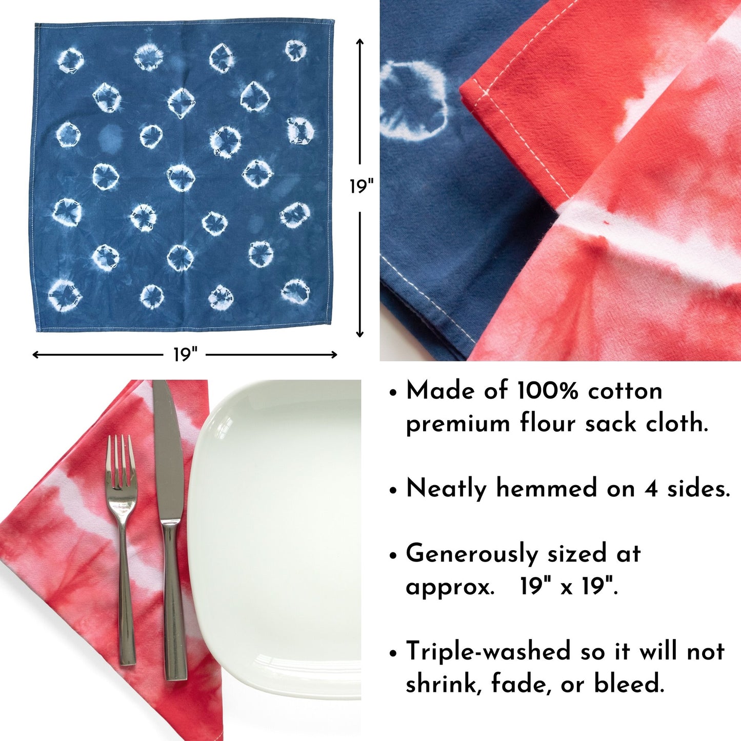 Stars and Stripes Tie Dye Flour Sack Napkins - Sherri O Designs