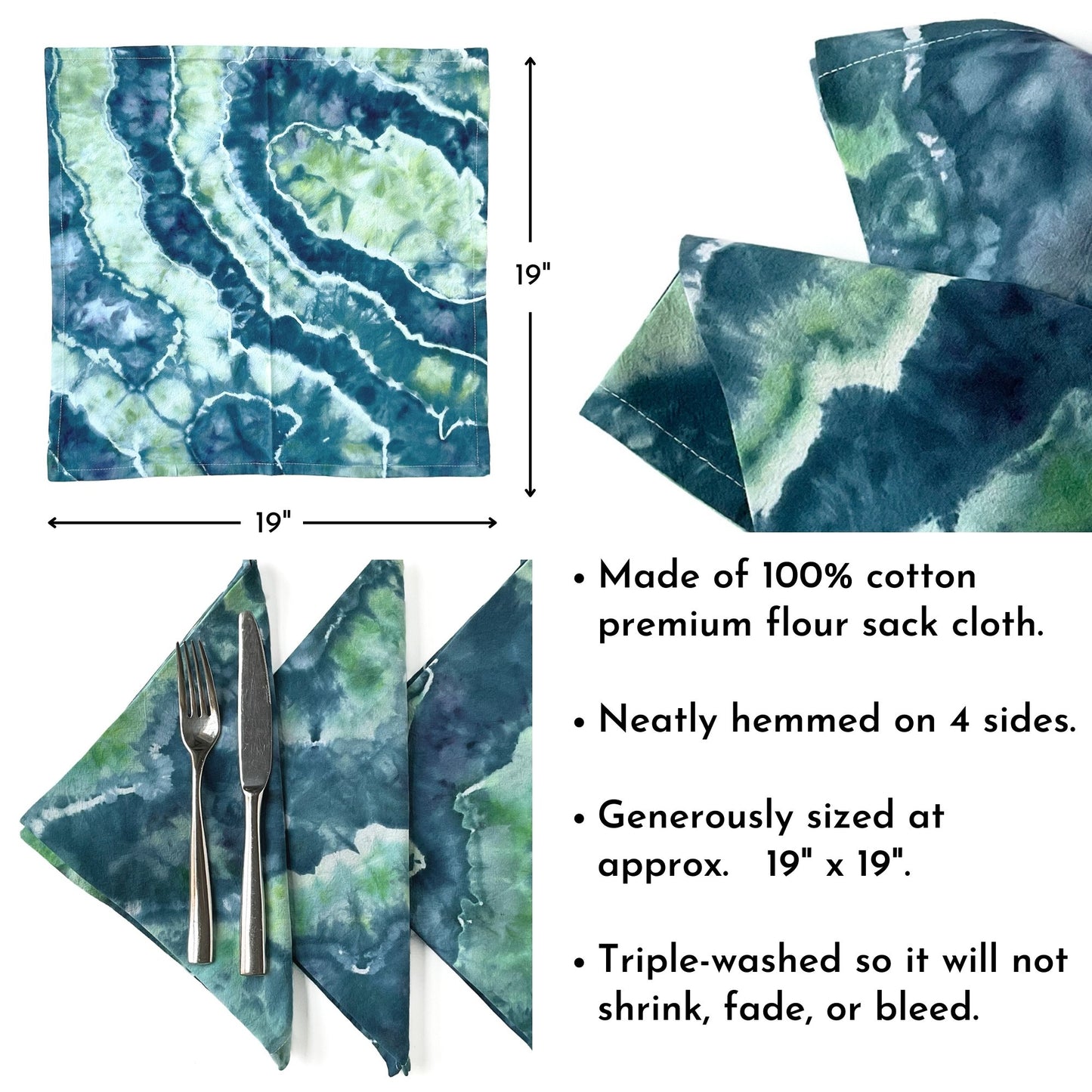 Tie Dye Flour Sack Napkins in Navy and Spearmint - Sherri O Designs