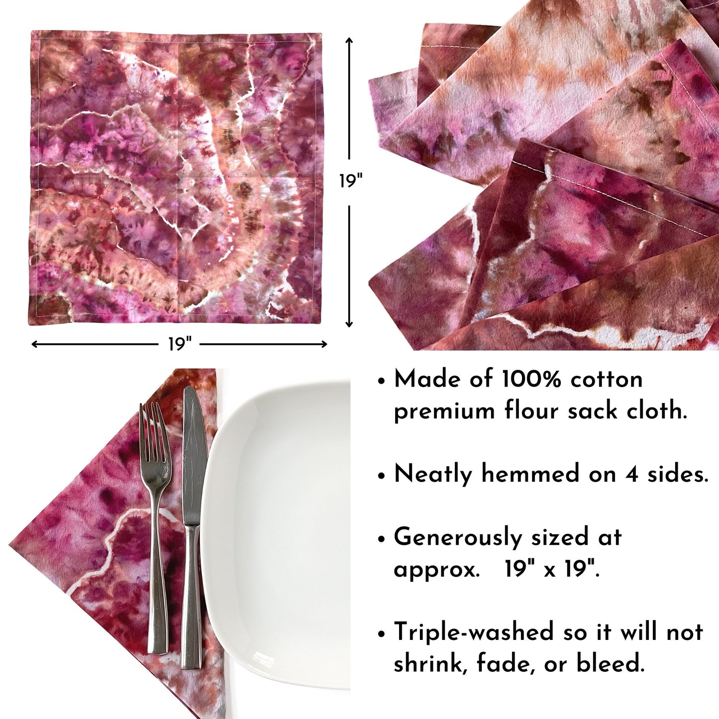 Tie Dye Flour Sack Napkins in Red Pink and Orange - Sherri O Designs