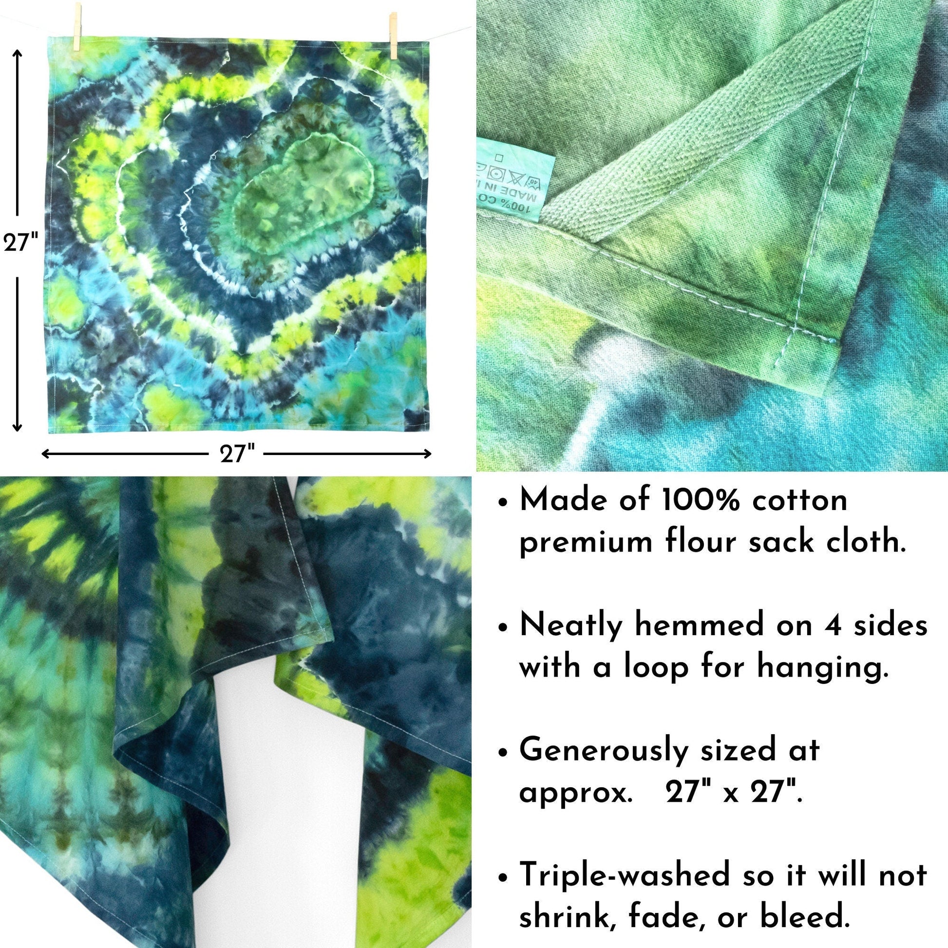 Tie Dye Flour Sack Tea Towel in Blues and Greens - Sherri O Designs