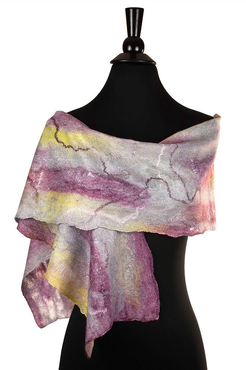 Felted Scarf in Plum, Silver, and Chartreuse - Sherri O Designs