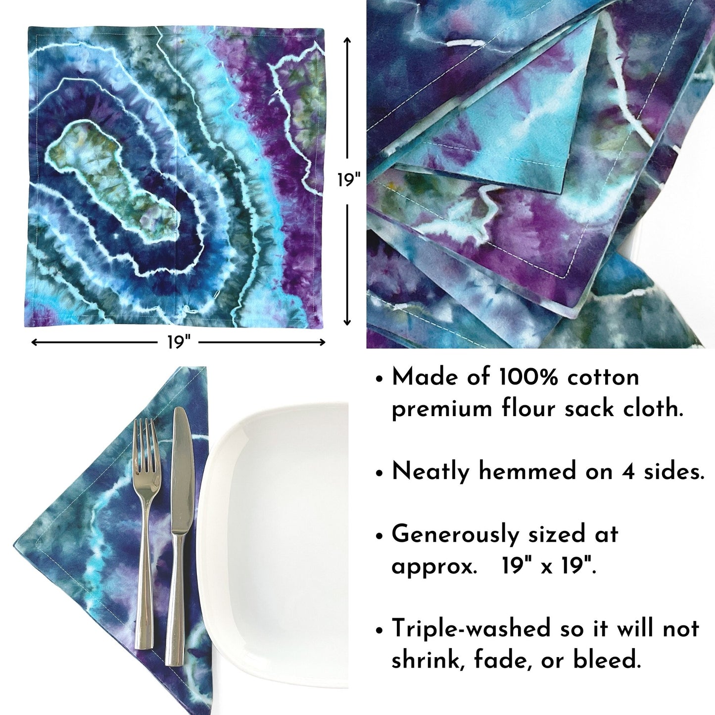 Tie Dye Flour Sack Napkins in Blues and Purples - Sherri O Designs